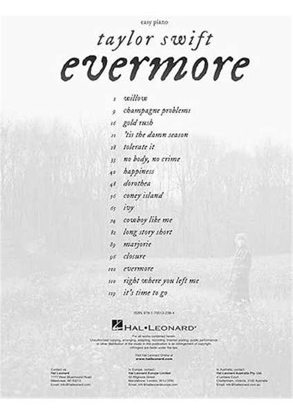 Taylor Swift - Evermore Easy Piano Songbook With Lyrics