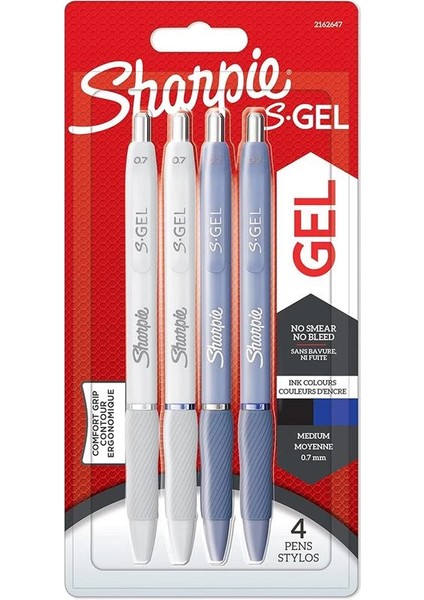 S-Gel Jel Kalem 0.7 mm Uç, Buz Mavisi & Beyaz Inci 4'lü Paket, Siyah & Mavi Mürekkep
