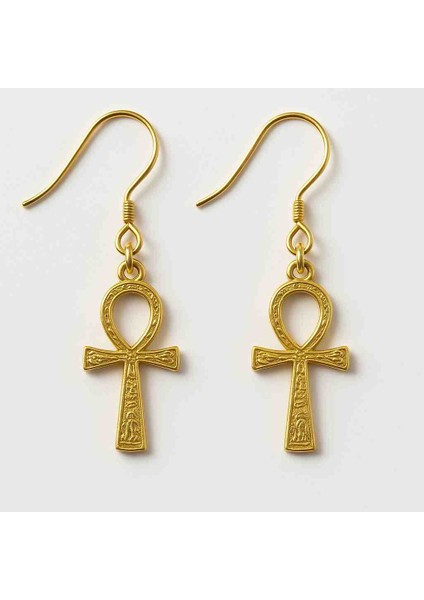 Gold Ankh Yaşam Anahtarı Altın Kaplama Tasarım Küpe - Antik Mısır Gizemi