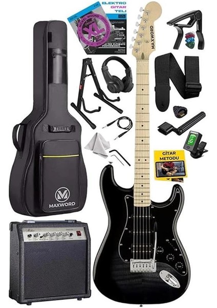 MAP-45BK-30AMP 30W Bt Amfili Siyah Elektro Gitar Seti Hss Manyetik Maple Klavye Strat Kasa