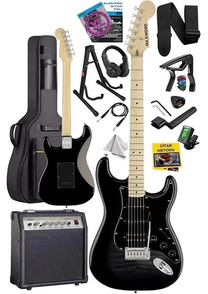 MAP-45BK-30AMP 30W Bt Amfili Siyah Elektro Gitar Seti Hss Manyetik Maple Klavye Strat Kasa fiyatları