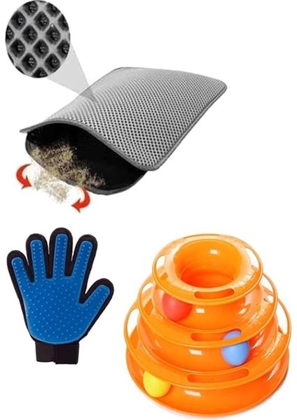 Tower Of Tracks Kedi Oyuncağı + Kedi Tüy Toplama Eldiveni+Elekli Kedi Tuvalet Paspası (Gri) 3