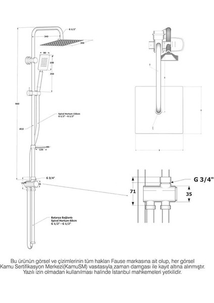 Kolonlu Tepe Duş Seti Robot Duş Yağmurlama Slim Çelik Başlıklar KDS101 indirimleri