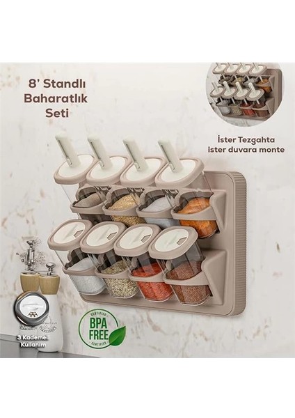1116 Standlı Kaydırmalı Kaşıklı 360° Döner Kapaklı Etiketli Baharatlık Seti - Erzak Saklama