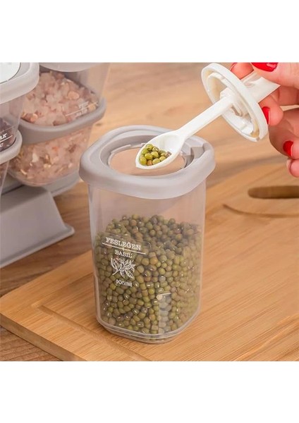 1116 Standlı Kaydırmalı Kaşıklı 360° Döner Kapaklı Etiketli Baharatlık Seti - Erzak Saklama