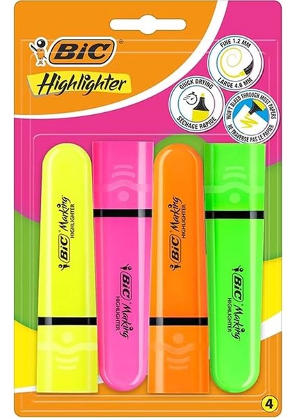 Marking Flat Higlighter Fosforlu Kalem 4'lü Blister, 4 Renk (Sarı, Turuncu, Pembe, Yeşil), Su