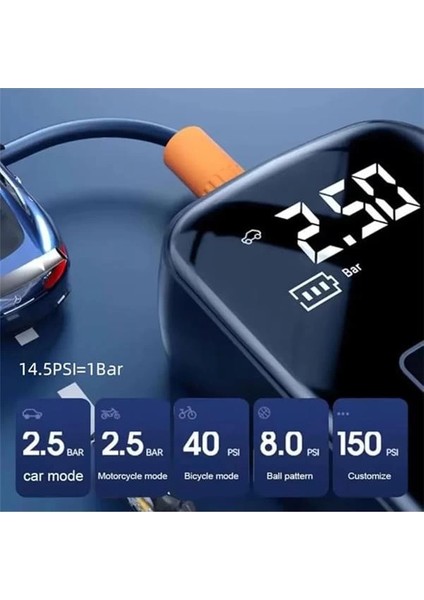 Hava Kompresörü, 150 Psı Dijital Göstergeli Oto Kompresör, Araba, Motosiklet, Bisiklet ve Top Için