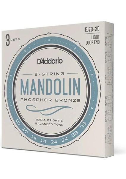 D'addario EJ73 Mandolin, Fosfor Bronz, Hafif Gerilim, 10-38, 3 Set