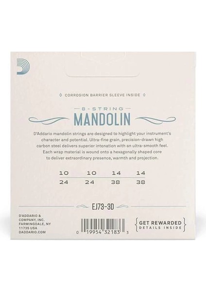 D'addario EJ73 Mandolin, Fosfor Bronz, Hafif Gerilim, 10-38, 3 Set modelleri
