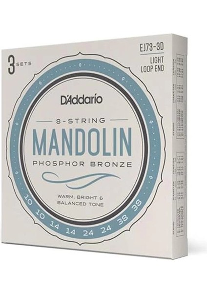 D'addario EJ73 Mandolin, Fosfor Bronz, Hafif Gerilim, 10-38, 3 Set indirimleri