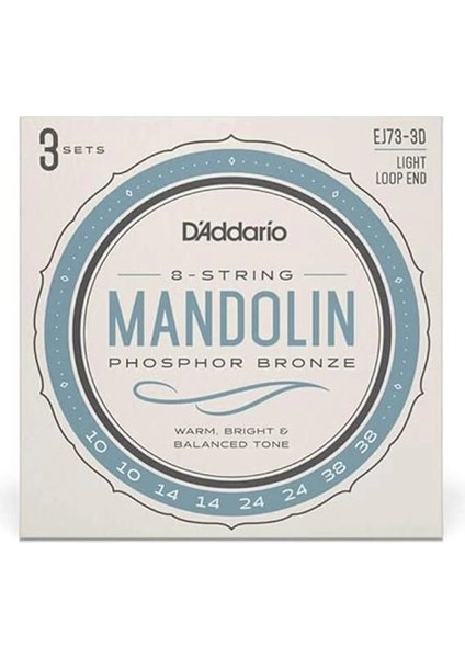 D'addario EJ73 Mandolin, Fosfor Bronz, Hafif Gerilim, 10-38, 3 Set