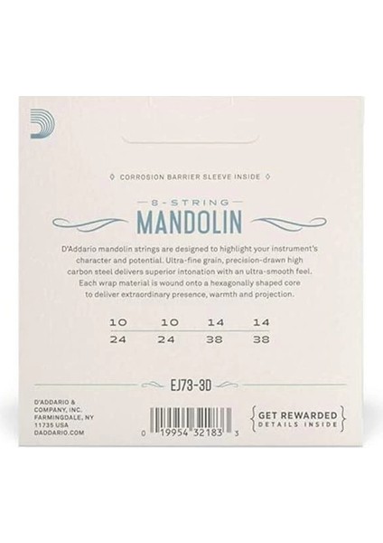 D'addario EJ73 Mandolin, Fosfor Bronz, Hafif Gerilim, 10-38, 3 Set