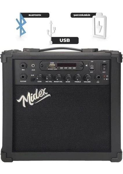 MGA-25BK Elektro Gitar Amfisi 25 Watt USB Bluetooth Şarjlı 2 Girişli fiyatları