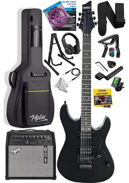 GRX-300-50-AMP Profesyonel Elektro Gitar Seti 50 Watt Gainli Şarjlı Bluetooth'lu Amfi ve Full