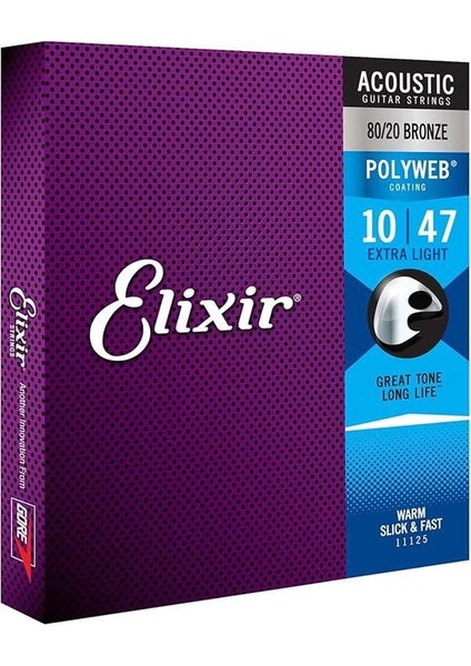 ® Tel 80/20 Bronz Akustik Gitar Teli, Polyweb® Kaplama, Ekstra Hafif (.010-.047)