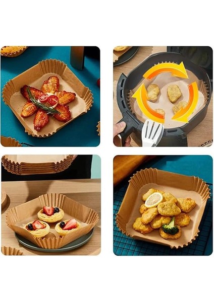 Airfryer Pişirme Kağıdı 50 Adet Kare Fırın Tepsisi Yanmaz Yapışmaz Gıda Parşömeni Sıcak Hava