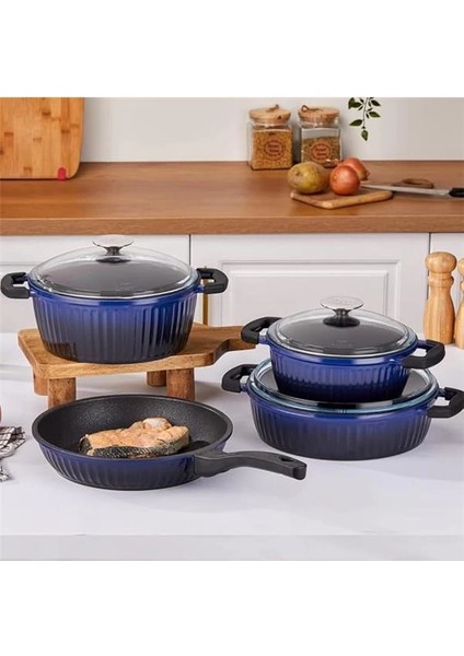 Valeriya Cam Kapak 7 Parça Döküm Tencere Seti Lacivert Siyah - TAC-4878 fiyatları