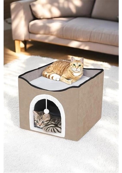 Sevimli Katlanır Taşınabilir Çok Fonksiyonlu Kapalı Kedi Evi Yatağı Kahverengi