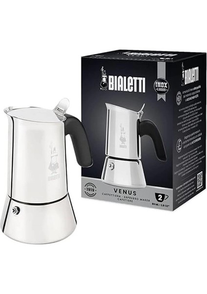 - Venus: 2 Cups Ocak Üstü Espresso Pişirici - 85ML - Gümüş Renk - Paslanmaz Çelik Gövde -