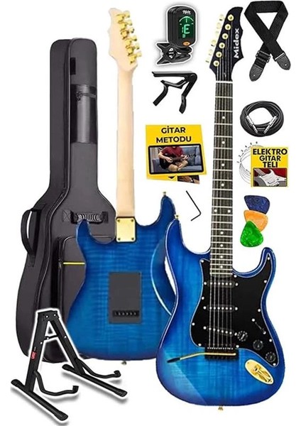 GLC-40BL Profesyonel Elektro Gitar Mavi (Stand Gigbag Askı Capo Tuner Pena Kablo Yedek Tel)