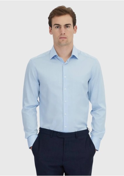 Mavi Çizgili Regular Fit Dokuma Klasik Pamuk Karışımlı Gömlek