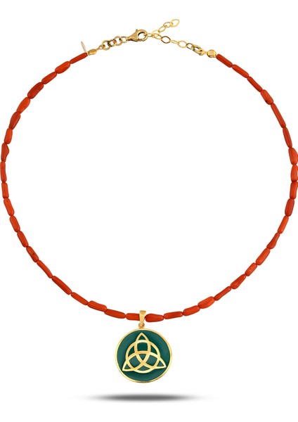 925 Ayar Gümüş 18K Altın Kaplama Triquetra Kolye – Mercan Kristal Boncuklu