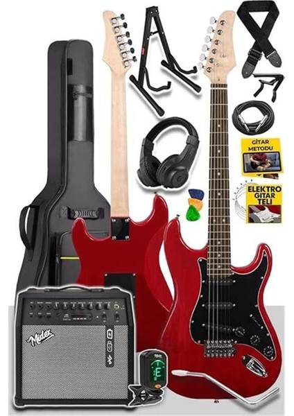 RPH30RD-50AMP Red Elektro Gitar Seti 50 Watt Bluetooth Şarjlı Amfi Kulaklık Full Set