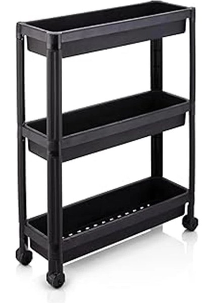 3 Katlı Tekerlekli Organizer Diktördgen Raf Ünitesi Siyah