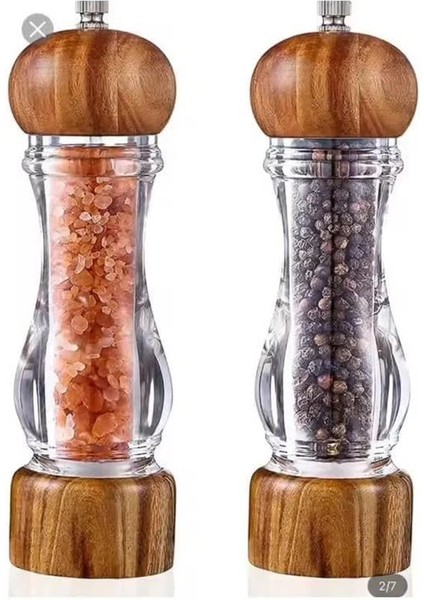 2 Adet Ahşap Kapaklı Bambu ve Akasya Ağacı Şeffaf Akrilik Tuz ve Karabiber Baharat