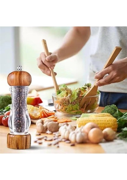 2 Adet Ahşap Kapaklı Bambu ve Akasya Ağacı Şeffaf Akrilik Tuz ve Karabiber Baharat