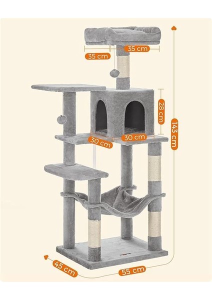 PCT161W01 Tırmalama Ağacı, 143 cm Yüksekliğinde, Kedi Ağacı, Çok Katlı Kedi Evi, 4