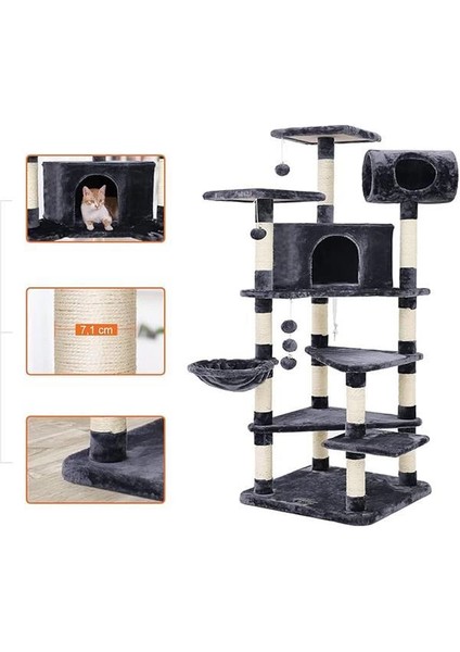 Xxl Tırmanma Direği Kediler Için Çoklu Seviyeli Tırmanma Direği, 165 Cm, Duman Grisi