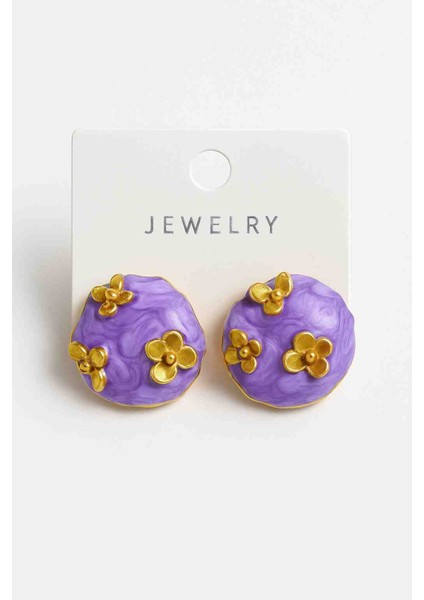 ✨ Mor Çiçek Detaylı Altın Renk Kadın Küpe – Şık ve Modern Tasarım ✨