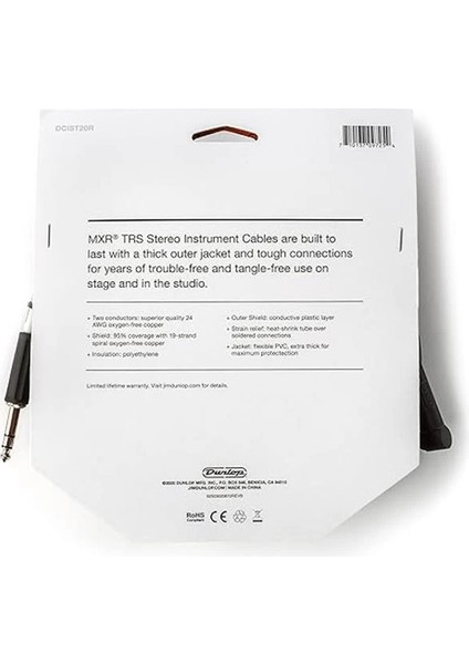 Jım Dunlop Trs Stereo Enstrüman Kablosu 20 Ayak | 6,1 M, 1/4 Inç Açılı Fiş (DCIST20R)