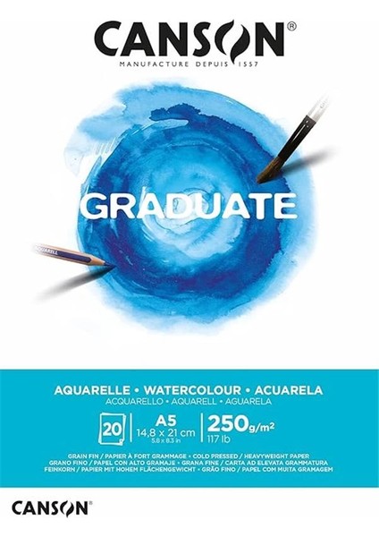 Mezun Suluboya 250 Gsm A5 Kağıt, Soğuk Preslenmiş, Tampon Yapıştırılmış Kısa Taraf, 20 Doğal