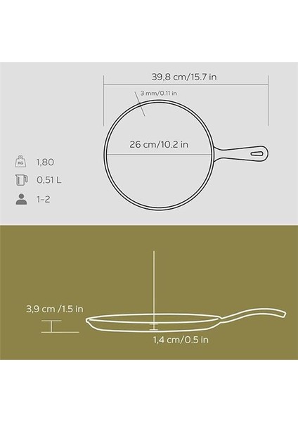 Döküm Krep / Pizza / Pancake Tavası, Yuvarlak Metal Saplı 26CM Siyah