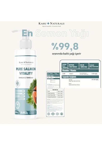 Pure Salmon VITALITY%100 Doğal Norveç Somon Yağı, Omega 3 ve 6, E Vitamini, Kedi ve modelleri