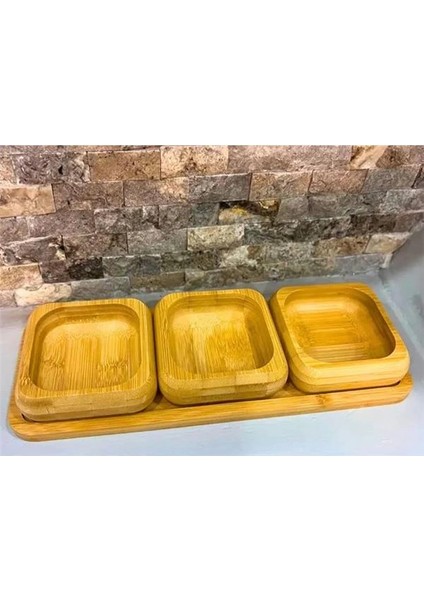 Bambu 3'lü Ahşap Sunum Seti Kahvaltılık Çerezlik Reçellik Tepsili Şık ve Pratik Servis