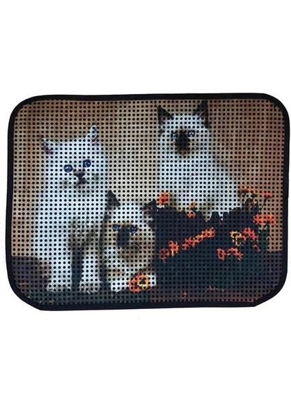 Elekli Desenli Kedi Tuvalet Önü Paspası 60 x 45 cm Üç Beyaz Kedi