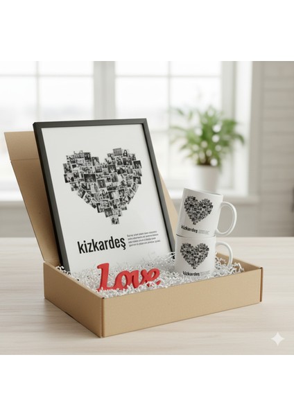 Sevgiliye Özel Hediye Seti|gerçek Ahşap Çerçeveli 24X32 Tasarım Tablo ve Kupa-Anahtarlık Seti
