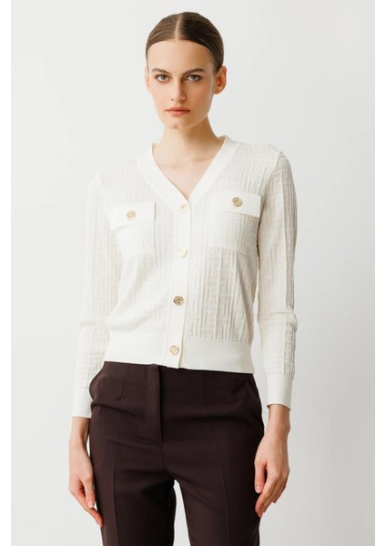 V Yaka Onü Cepli Ekru Kadın Hırka 50912-2Y5