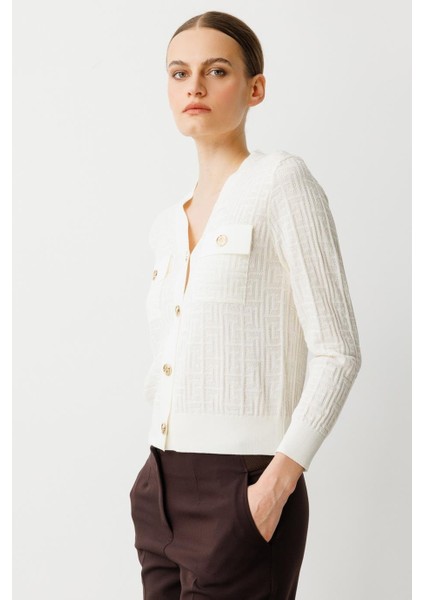 V Yaka Onü Cepli Ekru Kadın Hırka 50912-2Y5 modelleri