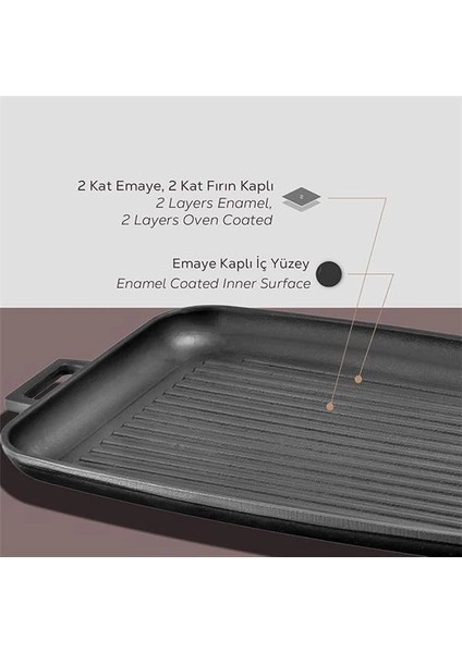 Döküm Grill Tepsi, Izgara Yüzeyli, Metal Kulplu, 31X42CM