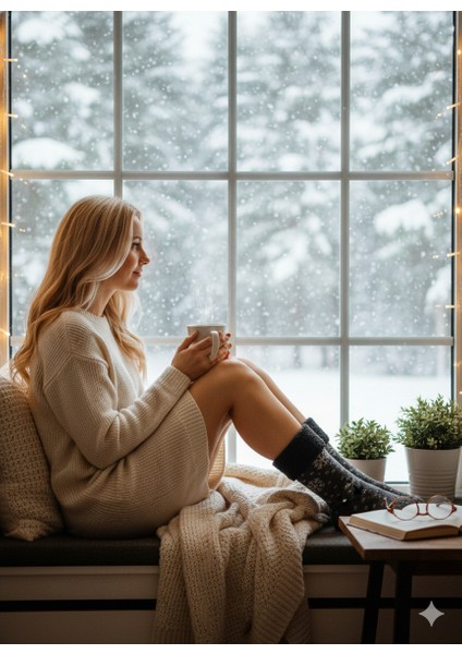 Sıcak Tutacak Peluş | Gri Yılbaşı Temalı Kışlık Kaydırmaz Ev/pijama Çorabı | Kadın Kalın ve Yumuşak Soket Çorap