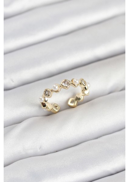 Pirinç Gold Renk Zirkon Taşlı Incili Kadın Yüzük - TJ-BYK3876