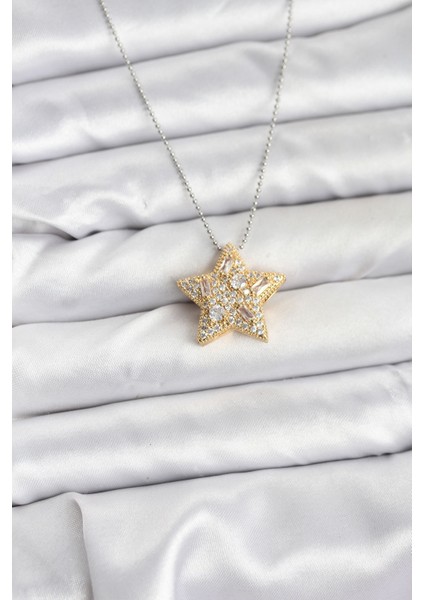 316L Çelik Zincir Gümüş Renk Zincirli Gold Yıldız Model Kadın Kolye - TJ-BKO10679