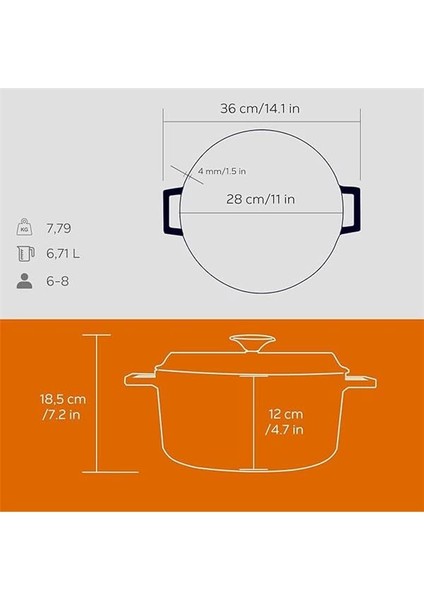 Döküm Yuvarlak Tencere, Trendy, 28 Cm, 6.71 L Hacim, Turuncu indirimleri