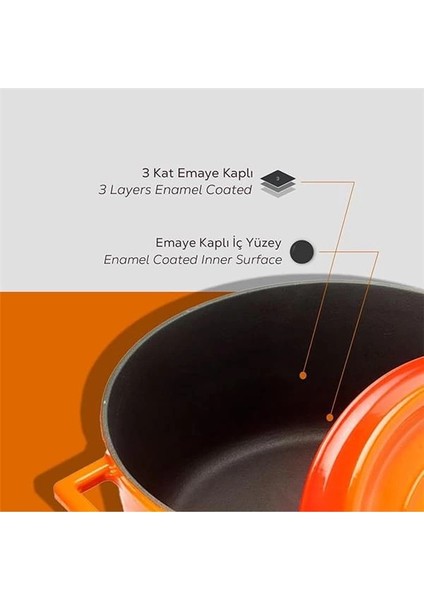 Döküm Yuvarlak Tencere, Trendy, 28 Cm, 6.71 L Hacim, Turuncu
