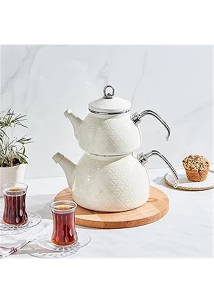 Kristal Krem Emaye Çaydanlık Takımı
