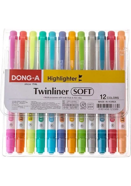 Dong-A Twinliner Çift Taraflı Fosforlu Kalem, Ince ve Geniş Uçlar, 12 Renk Seti